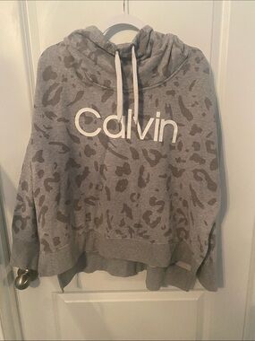 Calvin Klein Gray Leopard Cowl-Neck Pullover with White Logo